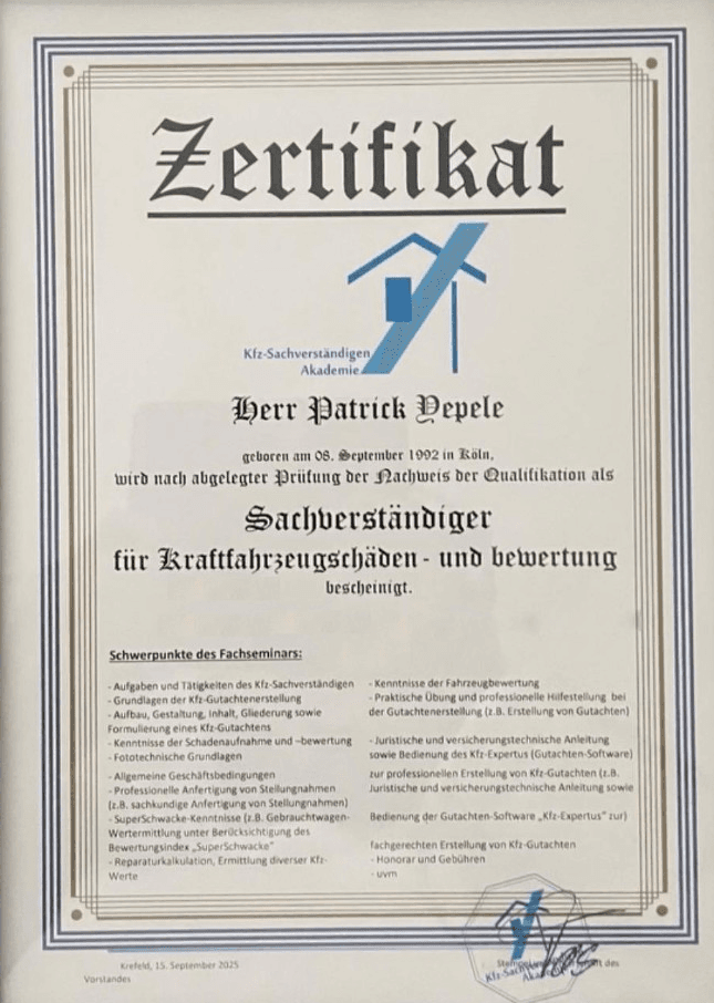 Zertifikat: Yepele, Sachverständiger für Kraftfahrzeugschäden und -bewertung, ausgestellt von der Kfz-Sachverständigen Akademie